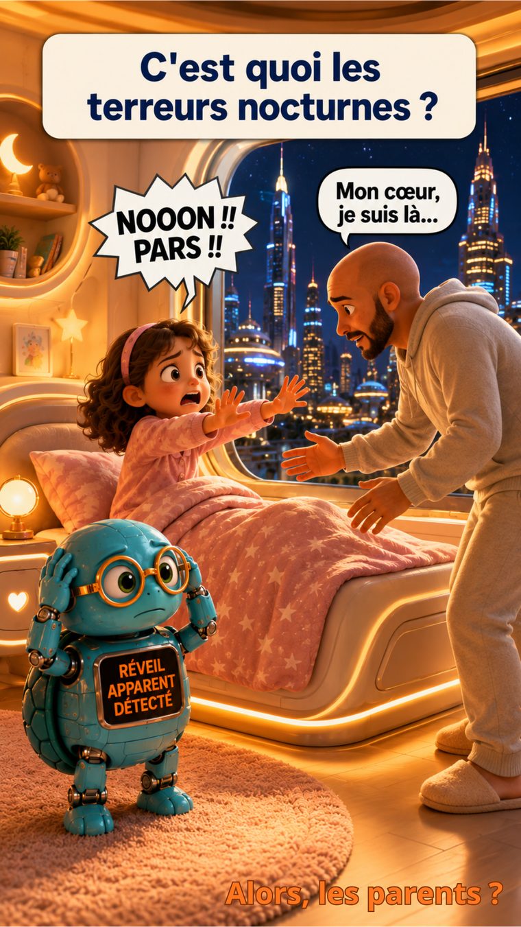 La nuit, une petite fille en pleine terreur nocturne tend les bras, son papa vient la rassurer.