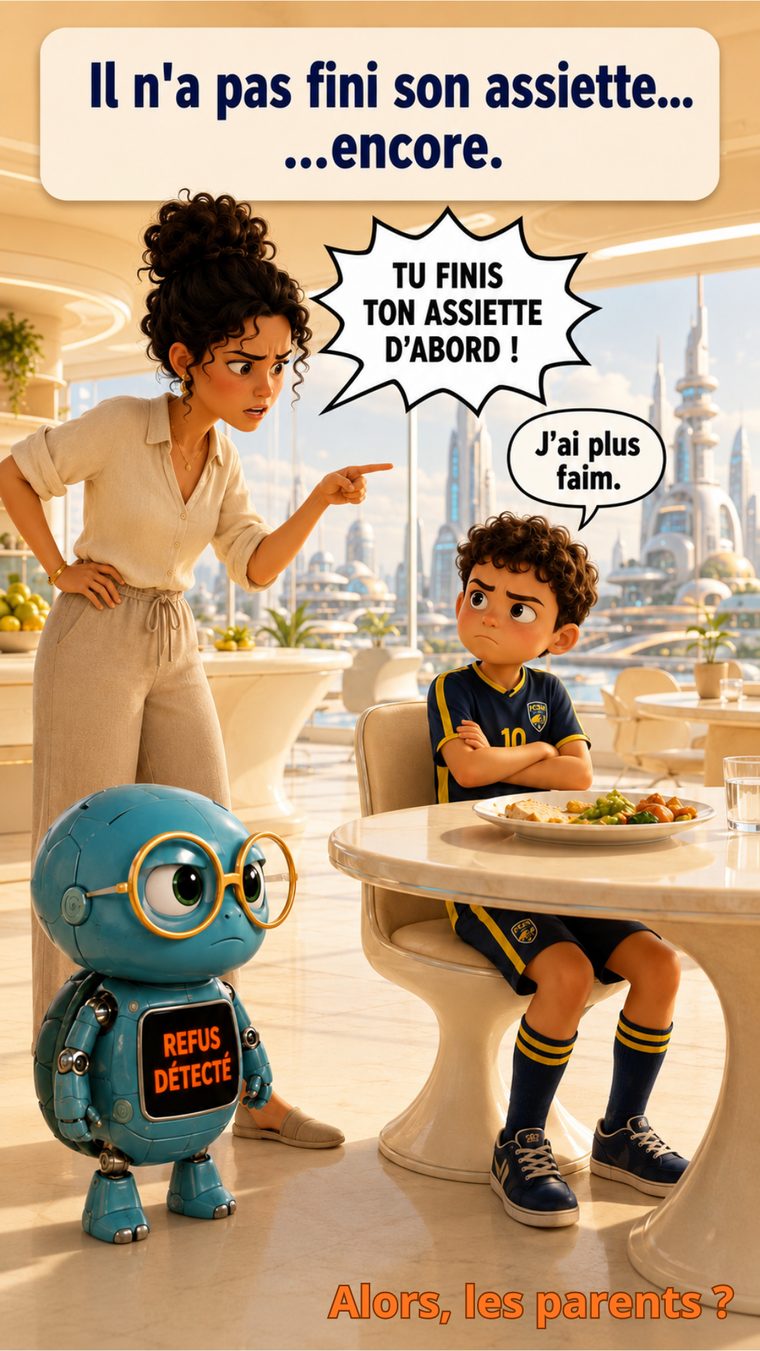 À table, un enfant refuse de finir son assiette pendant que sa maman insiste.