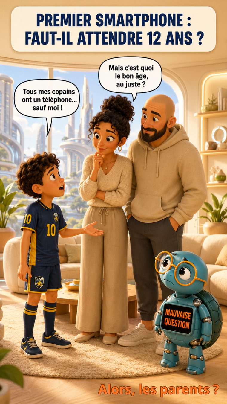 Un parent et son enfant face à la question du premier smartphone et du temps d'écran.