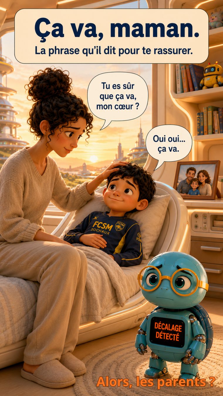 Un enfant allongé assure que tout va bien pour rassurer sa maman, en cachant sa peine.